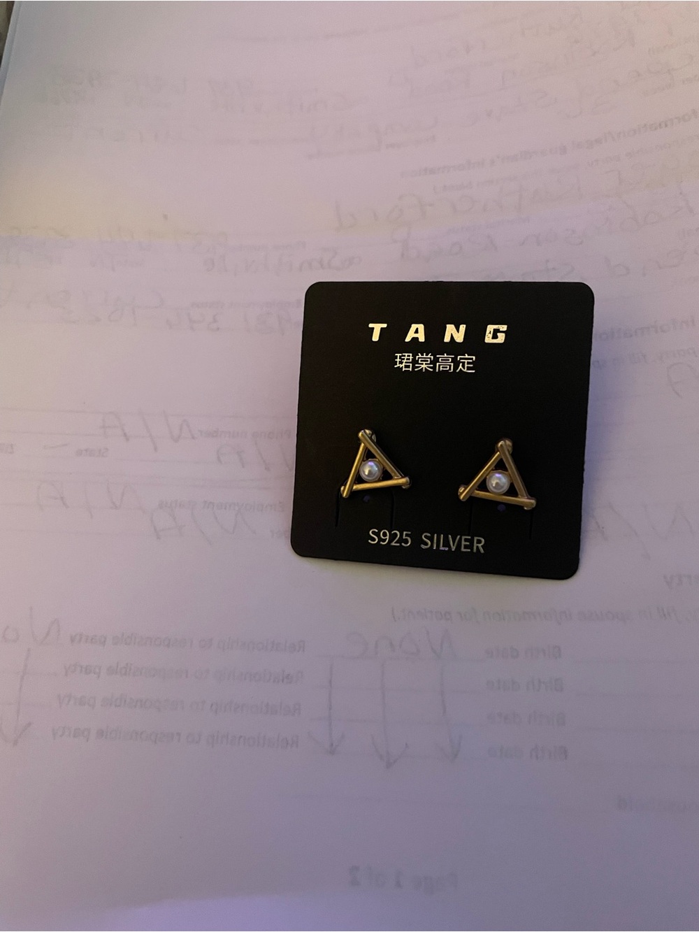 Gold Triangle Pearl Stud Earrings - S925 Silver